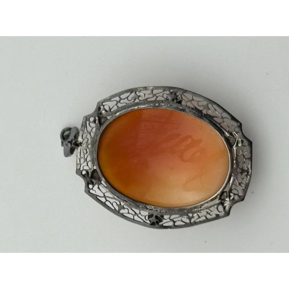 Vintage‎ Art Deco Sterling Silver Filigree Marcasite Carved Shell Cameo Pendant